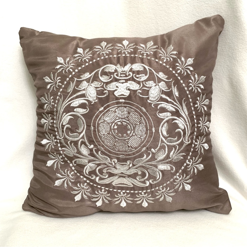 Embroidered Floral Fleur-De-Lis Medallion Pattern on Taupe Jacquard Throw Pillow